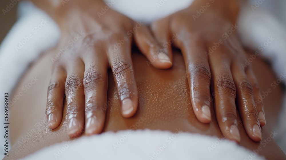 Two hands are seen performing a massage on someone’s back, offering a sense of tranquility, relaxation, and professional care in a soothing and serene setting. Two hands are seen performing a massage on someone’s back, offering a sense of tranquility, relaxation, and professional care in a soothing and serene setting.