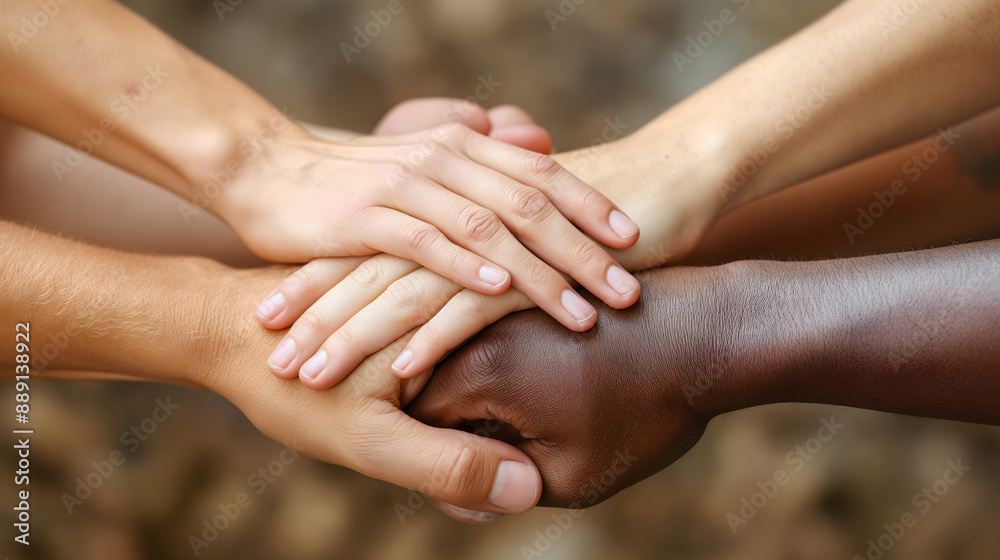 Multiple ethnic background people holding hands together, diversity concept generative ai Multiple ethnic background people holding hands together, diversity concept generative ai