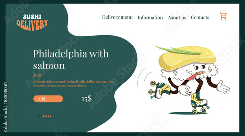 A funny retro-style sushi character on skates for the main web page. A sushi delivery web page with a playful character.