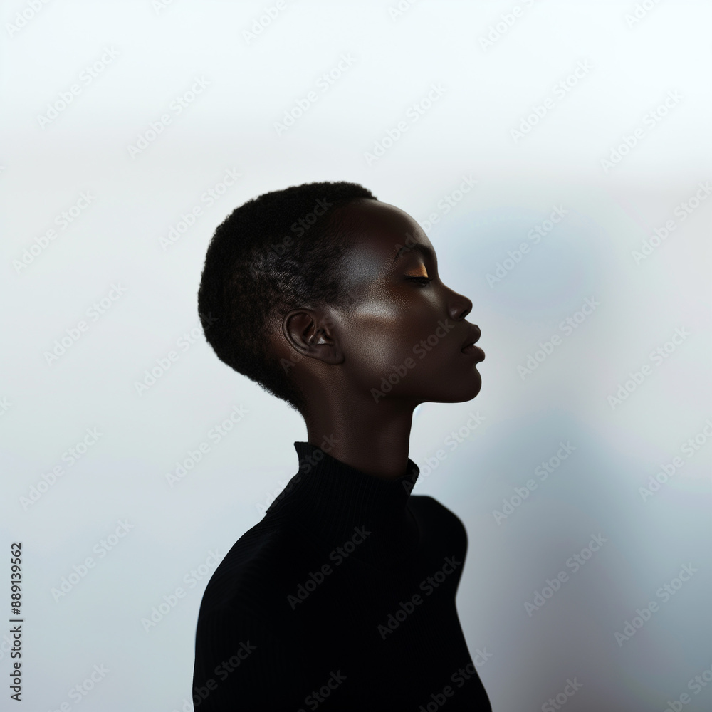 Close-up portrait of an African model with short hair posing in profile Close-up portrait of an African model with short hair posing in profile