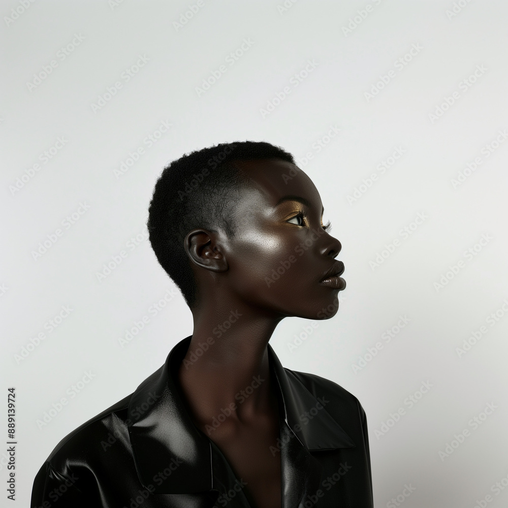 Close-up portrait of an African model with short hair posing in profile Close-up portrait of an African model with short hair posing in profile