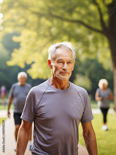 Fit senior people exercise in park, healthy active lifestyle in the retirement