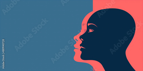 The two faces in a graphic surreal illustration of a profile view, split in contrasting colors, emphasizing duality concept