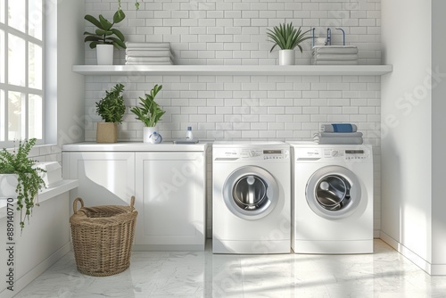 Clean Laundry Room with Modern Appliances and Open Shelving: A minimalist laundry room mockup with modern appliances and clean, open shelving.