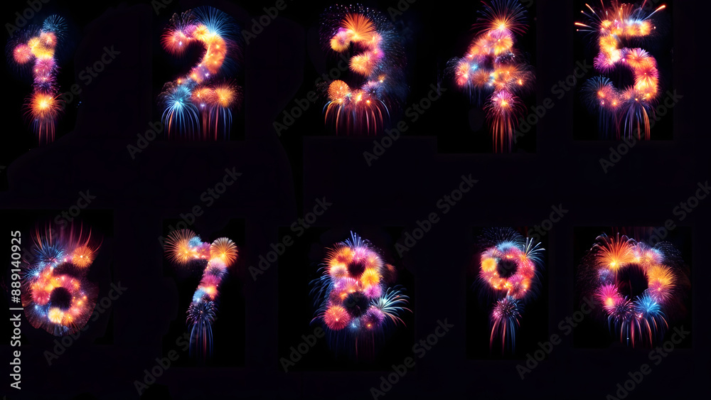 Festive Fireworks Show Illustrating Numbers 0 through 9 Festive Fireworks Show Illustrating Numbers 0 through 9