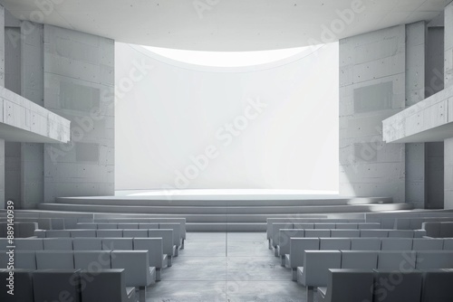 a rear view of a stadium, empty stage, white clean minimalist design 
