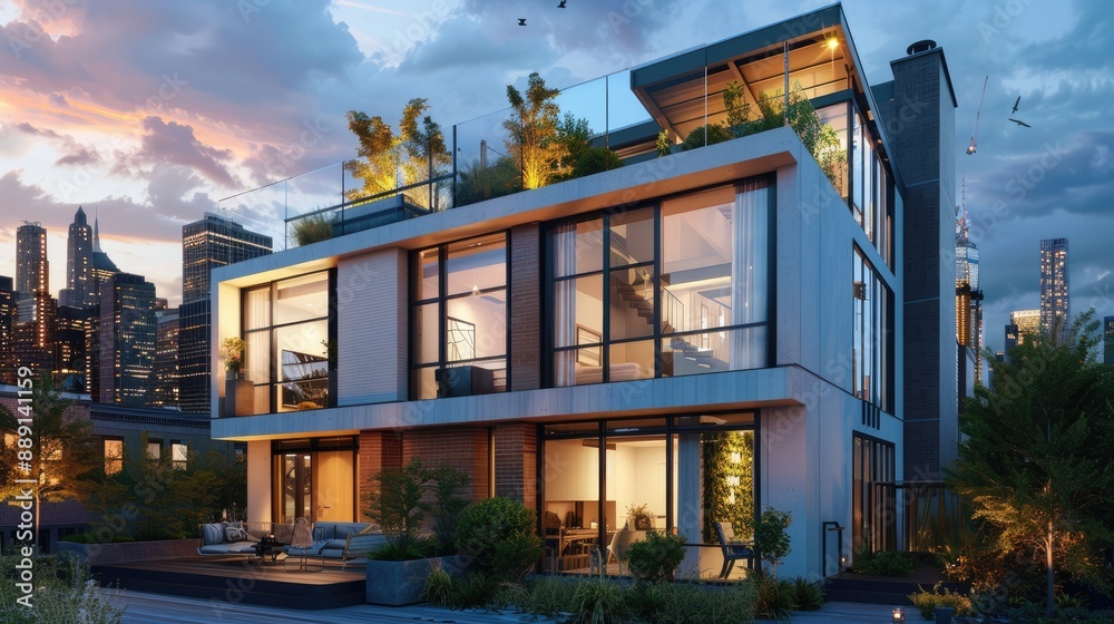 Fototapeta premium A modern urban townhouse with a sleek facade, large windows, and a rooftop garden with views of the city skyline