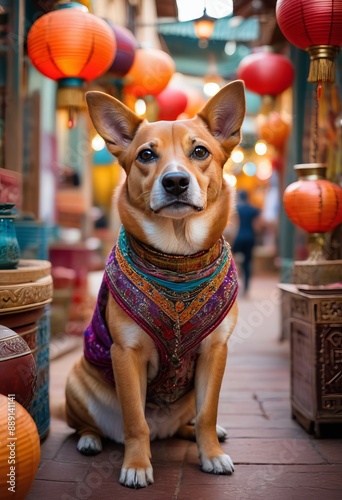 Sarabi dog standing curiously in a colorful, bustling marketplace filled with exotic spices, textiles, and ornate lanterns. photo