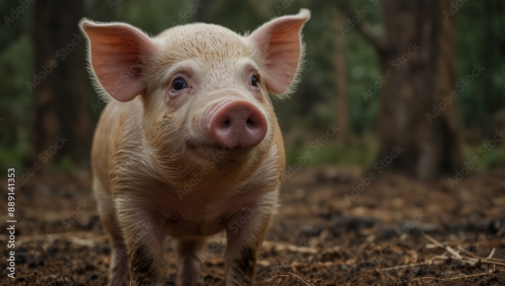 Cute piggy in nature, close up of an adorable pink piglet against the background of the forest. to illustrate farm life, agriculture and animal husbandry Cute piggy in nature, close up of an adorable pink piglet against the background of the forest. to illustrate farm life, agriculture and animal husbandry