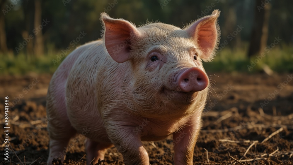 Cute piggy in nature, close up of an adorable pink piglet against the background of the forest. to illustrate farm life, agriculture and animal husbandry Cute piggy in nature, close up of an adorable pink piglet against the background of the forest. to illustrate farm life, agriculture and animal husbandry