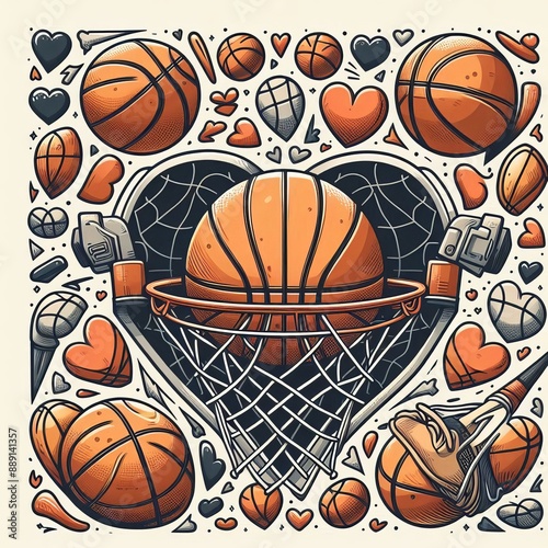 Basketball Pattern for Basketball Lover and Sport Lover, Sports Design, Basketball Design, Pattern Wallpaper, Hand Drawn Wallpaper