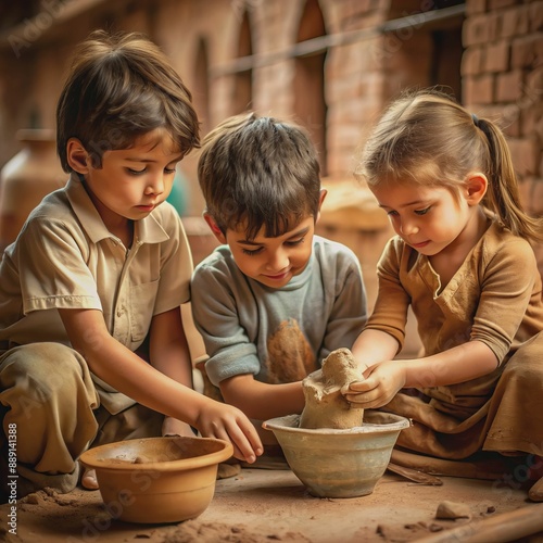 Two children are playing with clay in a room