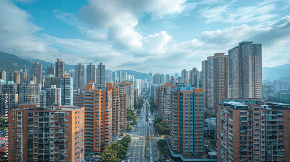 Naklejka premium Aerial view of a bustling modern city with numerous tall buildings under a bright sky, capturing urban life.