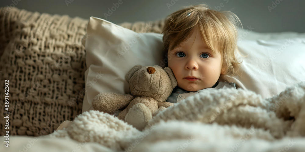 The adorable toddler resting in a bed, cuddling with a stuffed bear, cozy and peaceful atmosphere in a warm, comfortable bedroom, winter morning, childhood bonding concept The adorable toddler resting in a bed, cuddling with a stuffed bear, cozy and peaceful atmosphere in a warm, comfortable bedroom, winter morning, childhood bonding concept