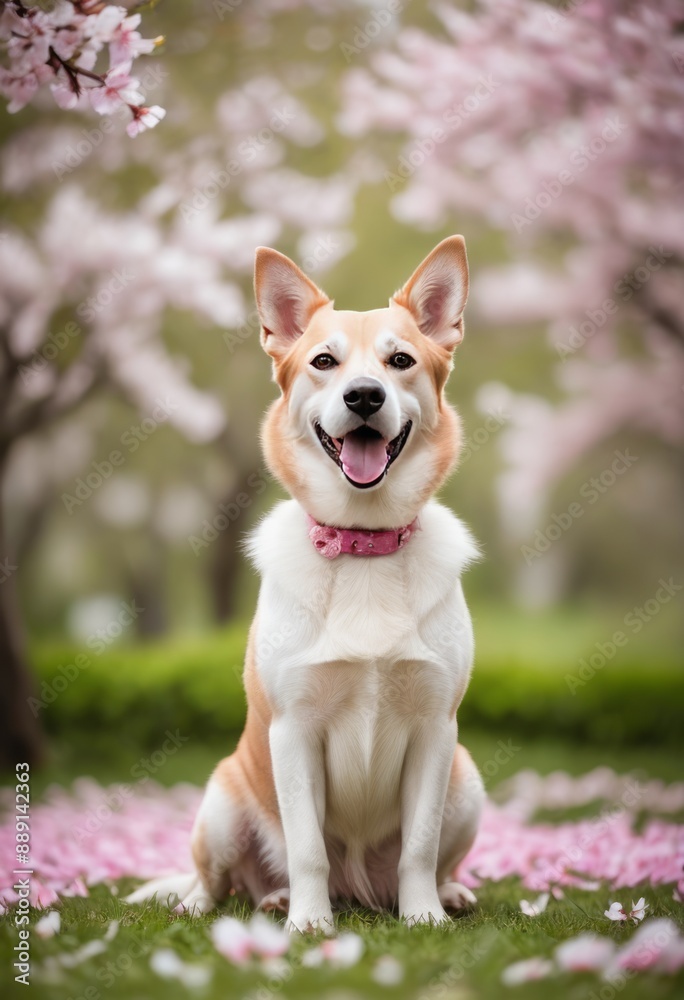 Sarabi dog standing regally amidst a field of blooming cherry blossoms under a canopy of pink and white petals. Sarabi dog standing regally amidst a field of blooming cherry blossoms under a canopy of pink and white petals.
