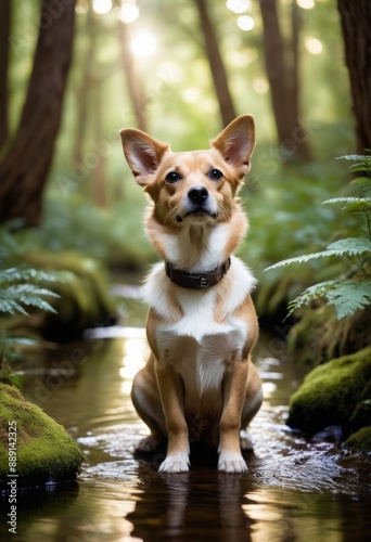 Sarabi dog exploring a magical, fairy-tale forest filled with enchanting creatures, sparkling streams, and hidden treasures. photo