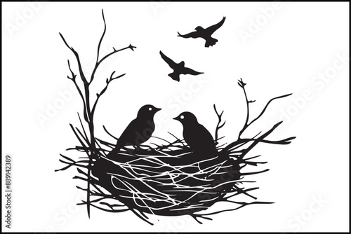 Bird nest vector art illustration, graphic, drawing, art, illustration, spring, wildlife, baby, egg, element, home, nest, white, wild, animal, black, design