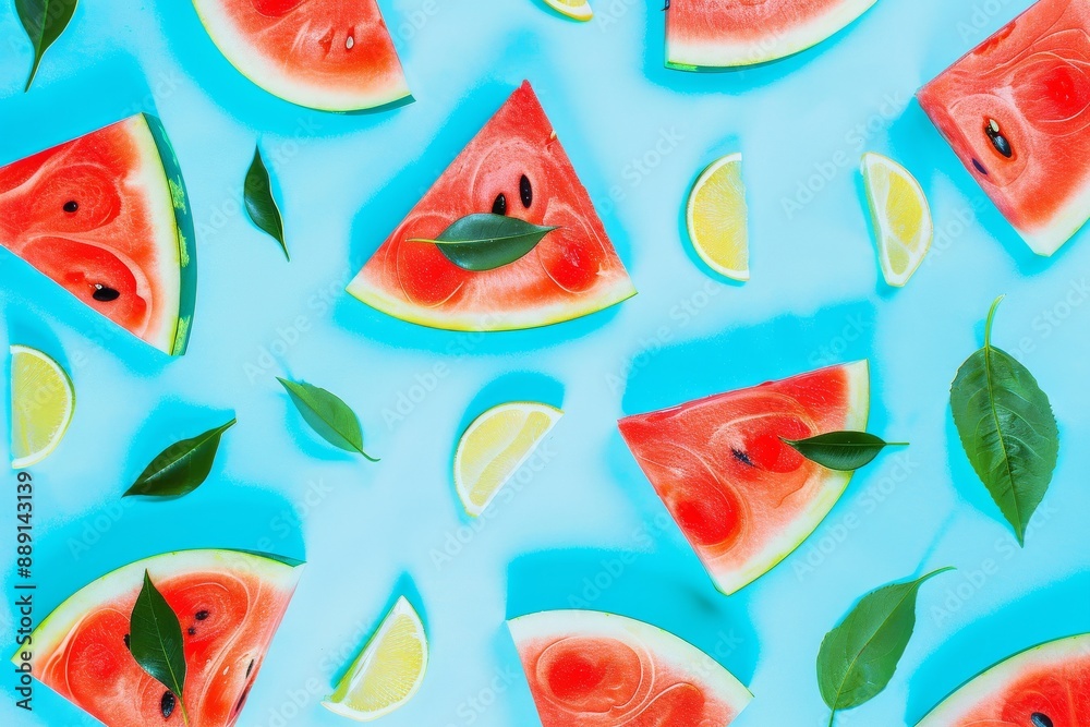 Seamless pattern with watermelon slices on a black background, flat vector illustration. For t-shirt prints and other uses.. Beautiful simple AI generated image in 4K, unique. Seamless pattern with watermelon slices on a black background, flat vector illustration. For t-shirt prints and other uses.. Beautiful simple AI generated image in 4K, unique.