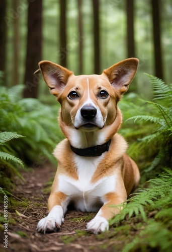 Sarabi dog lying comfortably on a soft, mossy forest floor surrounded by towering trees, ferns, and delicate wildflowers. photo