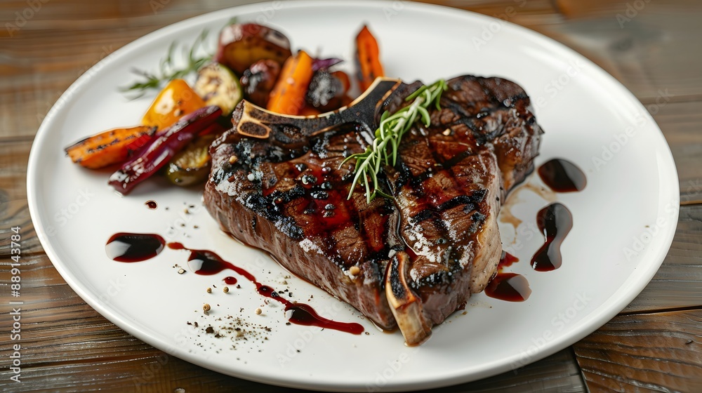 A gourmet T-bone steak with a rich, smoky char, drizzled with a red wine reduction and accompanied by roasted vegetables on a white plate. A gourmet T-bone steak with a rich, smoky char, drizzled with a red wine reduction and accompanied by roasted vegetables on a white plate.