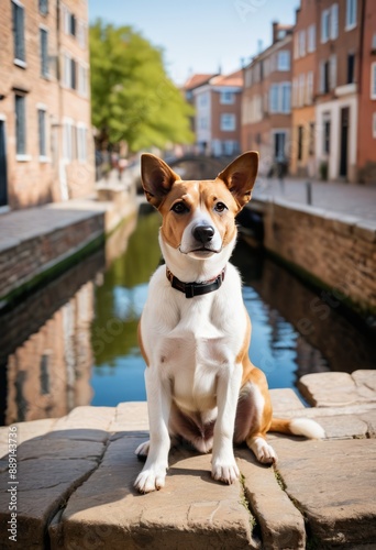 Sarabi dog sitting attentively on a quaint, cobblestone bridge overlooking a picturesque canal lined with historic buildings. photo