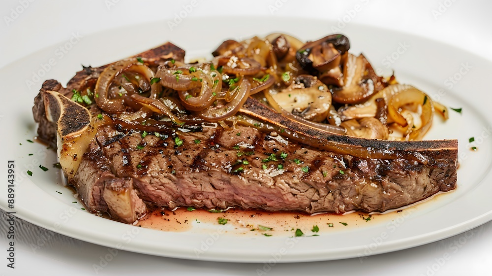 A succulent T-bone steak cooked to medium-rare with caramelized onions and mushrooms on a white plate. A succulent T-bone steak cooked to medium-rare with caramelized onions and mushrooms on a white plate.