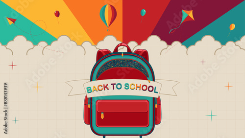 Back to school banner, poster. Backpack, paper airplane, kite, hot air balloon, balloons, rainbow on lined sheet of paper, vector illustration