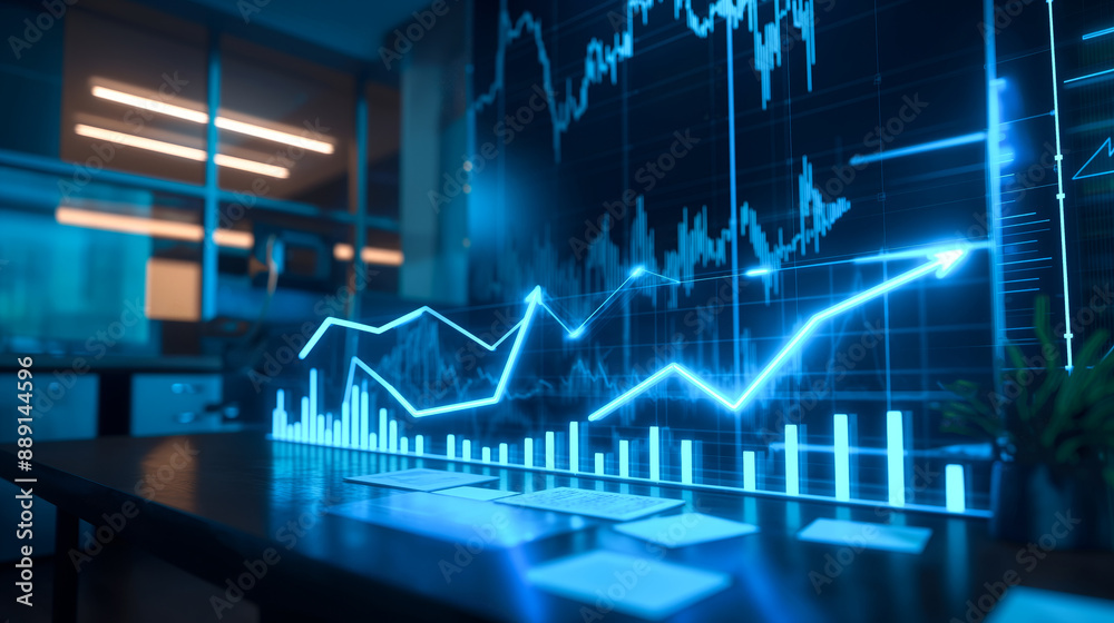 Abstract blue graphs and charts in office space background, technological business background neon, information and analysis mock up. Economy and financial growth, digital marketing background Abstract blue graphs and charts in office space background, technological business background neon, information and analysis mock up. Economy and financial growth, digital marketing background