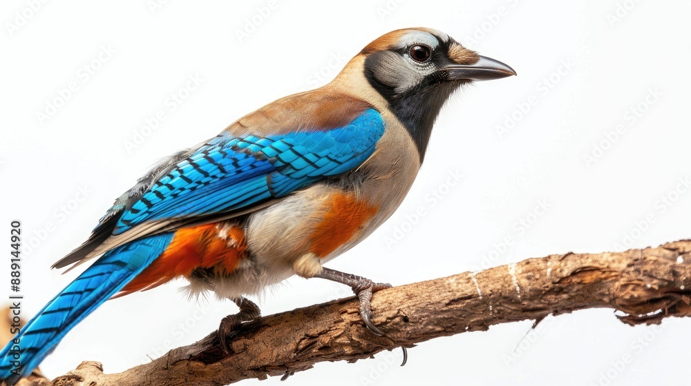 Obraz premium Colorful Eurasian jay perched on branch against white backdrop