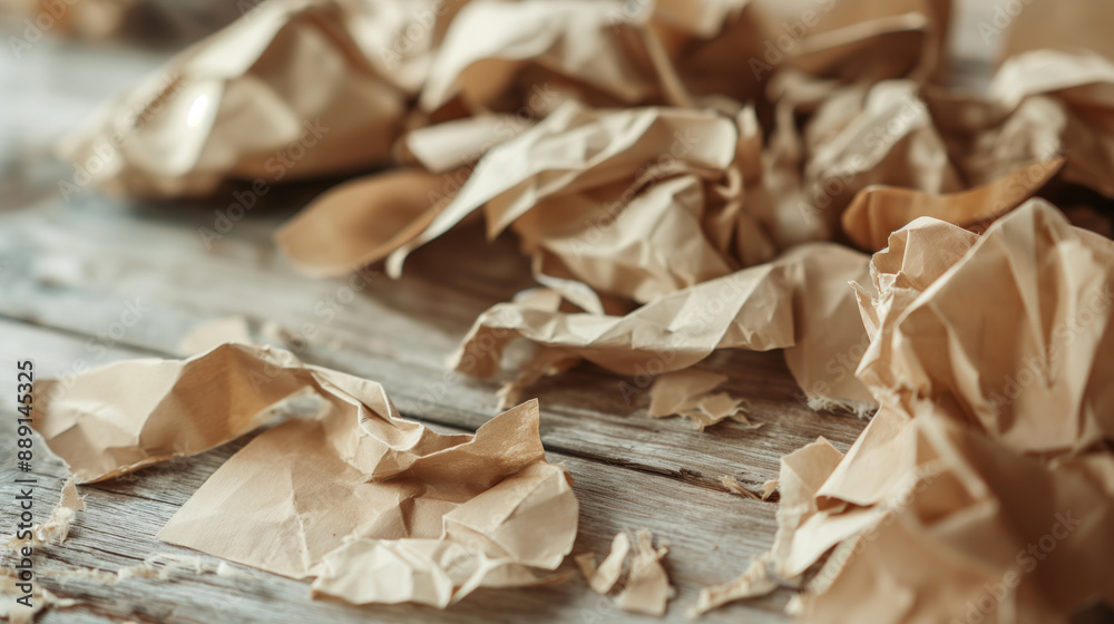torn craft paper lies crumpled on a wooden table with a beautiful light. recycling and The creative process concept background