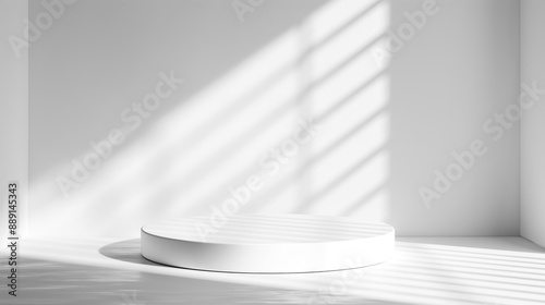white empty stage with soft window light in white empty small room, minimalistic podium background with copy space and place for product placement and advertisement
