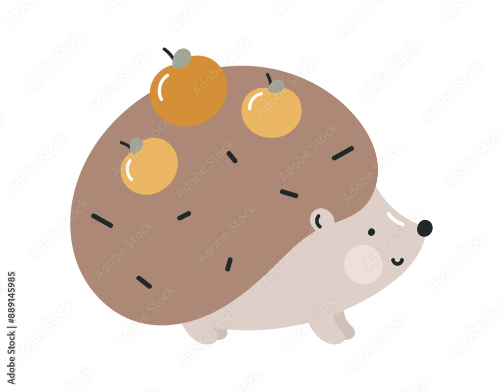 Cute hedgehog with apples. Flat cartoon vector illustration isolated on white background. For card, posters, banners, printing on the pack, printing on clothes, fabric, wallpaper, textile or dishes. Cute hedgehog with apples. Flat cartoon vector illustration isolated on white background. For card, posters, banners, printing on the pack, printing on clothes, fabric, wallpaper, textile or dishes.