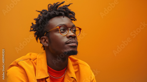 Young man with glasses and casual outfit against an orange background, exuding a thoughtful and stylish vibe with a monochromatic color scheme.