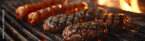 Grilled Meat and Sausage on a Hot Barbecue Grill with Flames photo