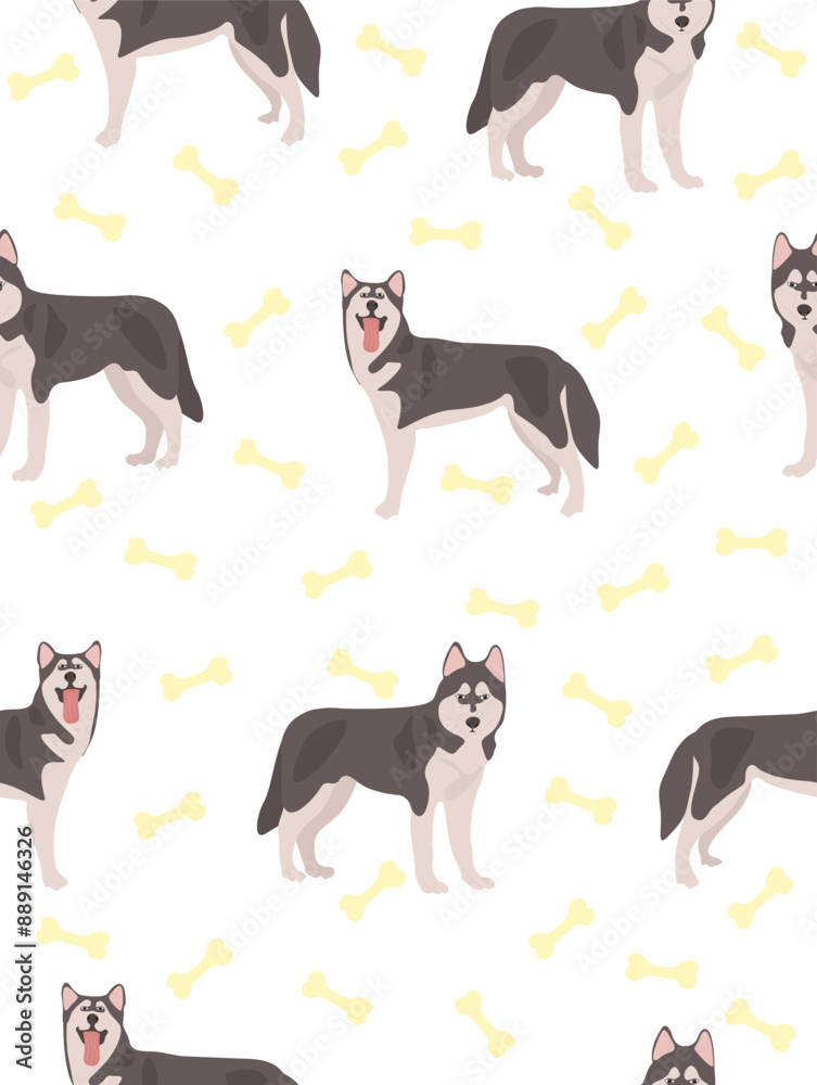 Pattern of cute husky with bone on white background. Pattern of cute husky with bone on white background.