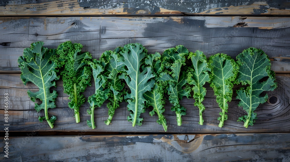 Fototapeta premium Fresh Green Kale Leaves on Rustic Wooden Background.