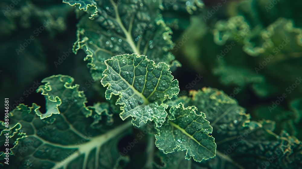 Green Kale Leaf with Water Droplets.