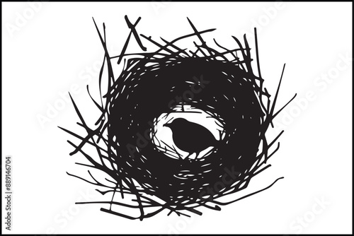 Bird nest vector art illustration, graphic, drawing, art, illustration, spring, wildlife, baby, egg, element, home, nest, white, wild, animal, black, design
