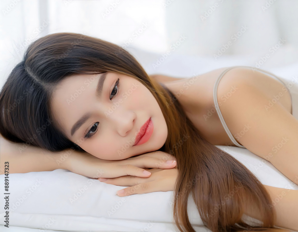 Portrait of a woman relaxing in bed, surrounded by serene beauty, pillows, and a gentle smile, embodying tranquility and peaceful lifestyle