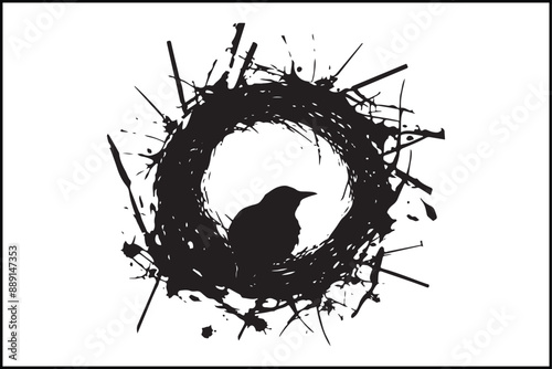 Bird nest vector art illustration, graphic, drawing, art, illustration, spring, wildlife, baby, egg, element, home, nest, white, wild, animal, black, design