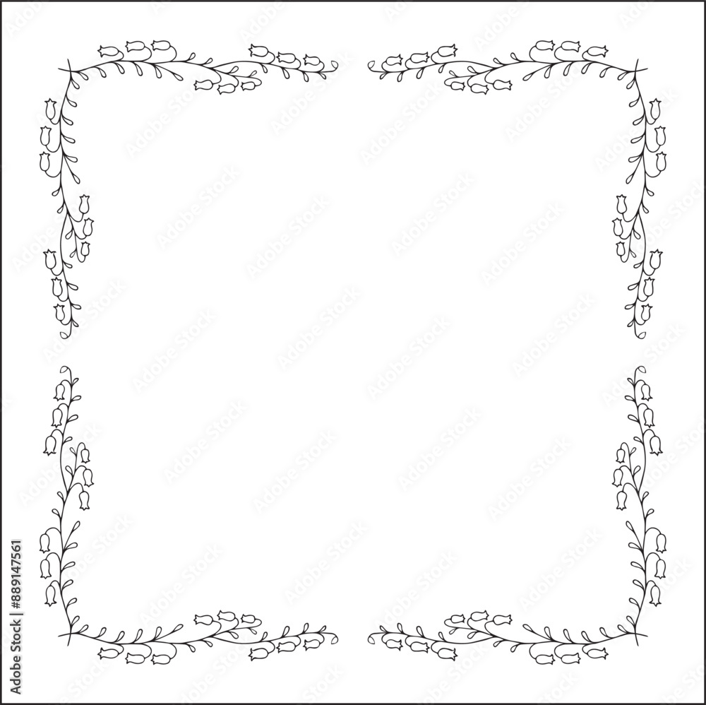 Black and white floral frame with bluebell flowers, bluebells decorative corners for greeting cards, banners, business cards, invitations, menus. Isolated vector illustration.
Black and white floral frame with bluebell flowers, bluebells decorative corners for greeting cards, banners, business cards, invitations, menus. Isolated vector illustration.