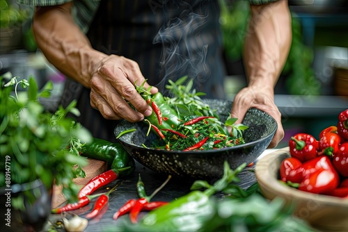 a person cooking peppers in a bowl on a table