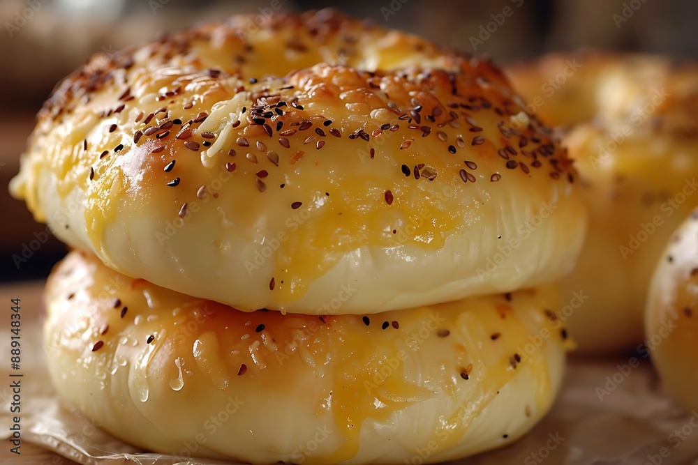 Close Up of Two Delicious, Golden Brown, Sesame Seeded, and Melted Cheese Bagels Close Up of Two Delicious, Golden Brown, Sesame Seeded, and Melted Cheese Bagels