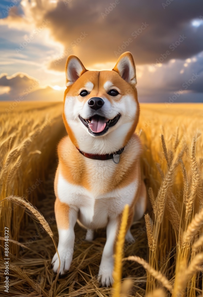 Shiba Inu frolicking in a field of golden wheat under a dramatic sky filled with fluffy clouds. Shiba Inu frolicking in a field of golden wheat under a dramatic sky filled with fluffy clouds.