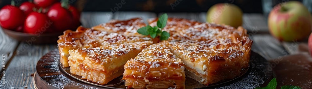Delicious Apple Tart with Caramel and Powdered Sugar - Food Photography Delicious Apple Tart with Caramel and Powdered Sugar - Food Photography