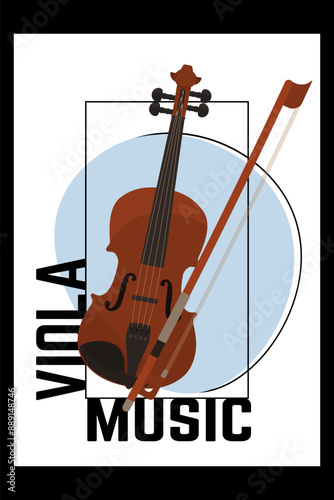 Decorative A4 vertical poster with classical violin. Musical academic poster for music schools, textbooks. Orchestral musical instruments. Isolated on black background. Modern flat style.