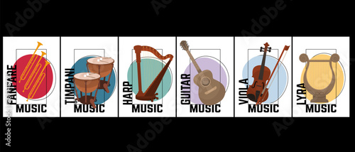 Decorative A4 vertical posters set with classical orchestral musical instruments. Musical academic posters set for music schools, textbooks. Isolated on black background. Modern flat style.