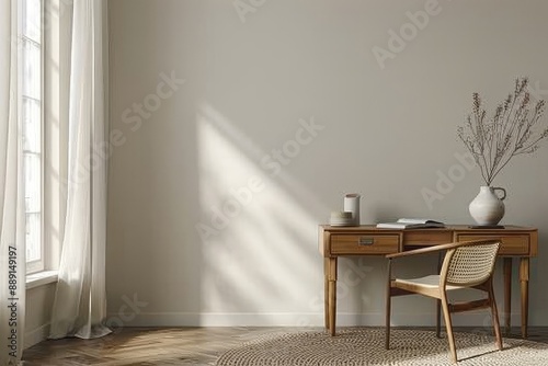 Home Office with Minimalist Accessories and Clean Desk: A minimalist home office mockup with simple accessories and a clean desk.