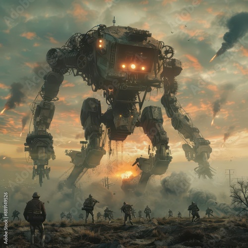 surreal battlefield where past and future wars collide wwi trenches morph into scifi energy shields while steampunk mechs face off against holographic soldiers in a timebending conflict photo