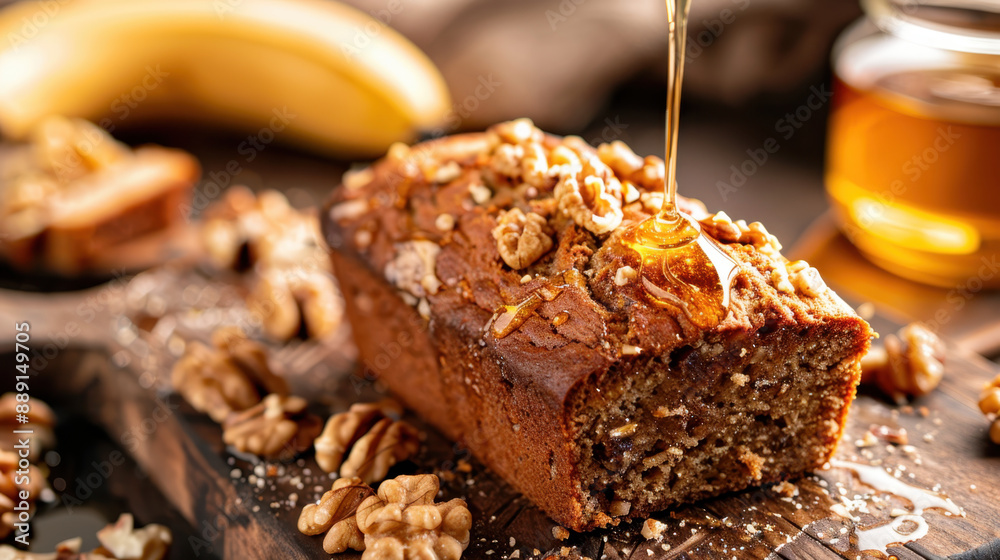 Fototapeta premium Freshly baked banana bread with walnuts and honey drizzle on rustic wooden board